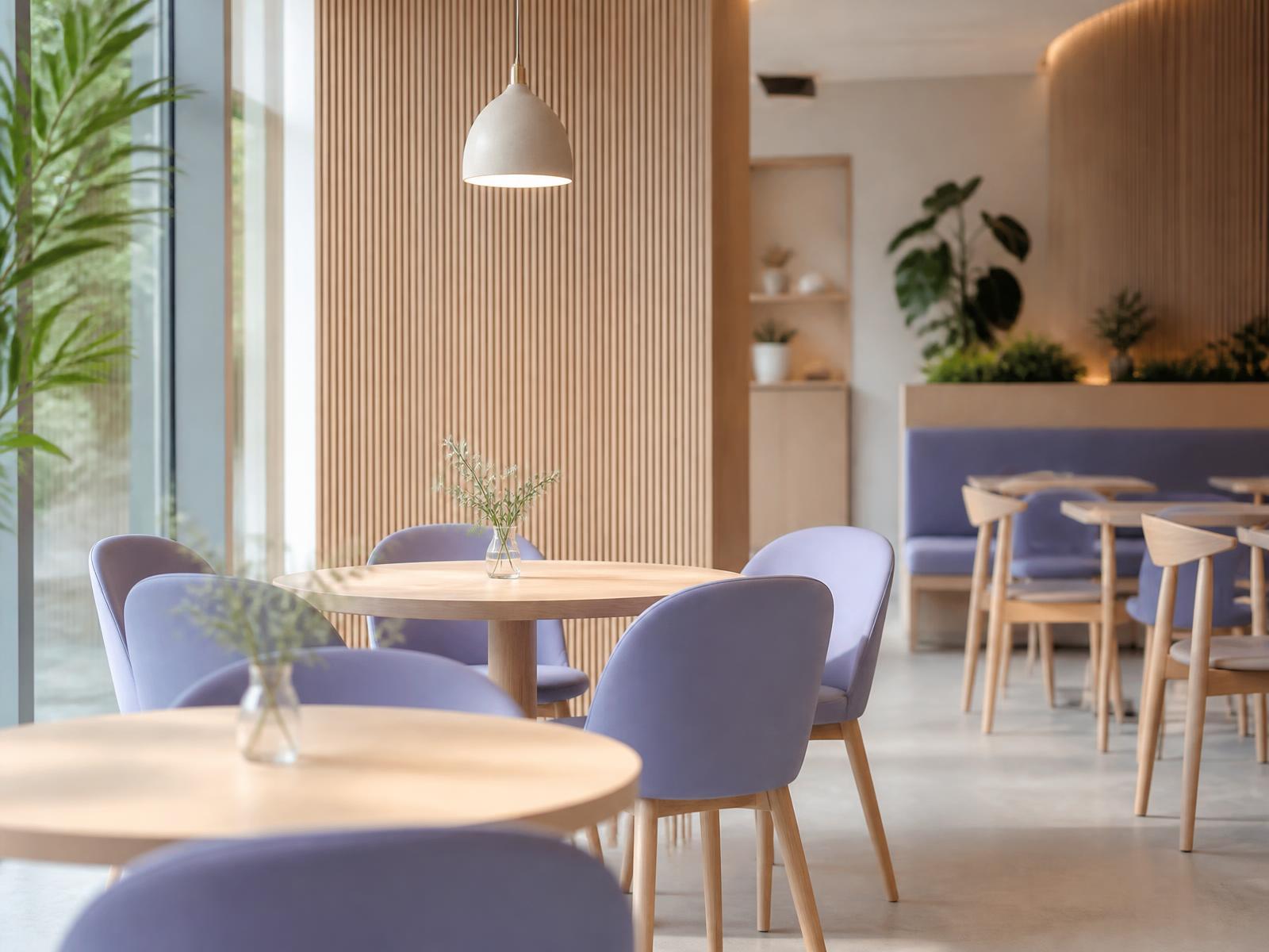 LIVE LIFE café interior with light wood tables and lavender chairs