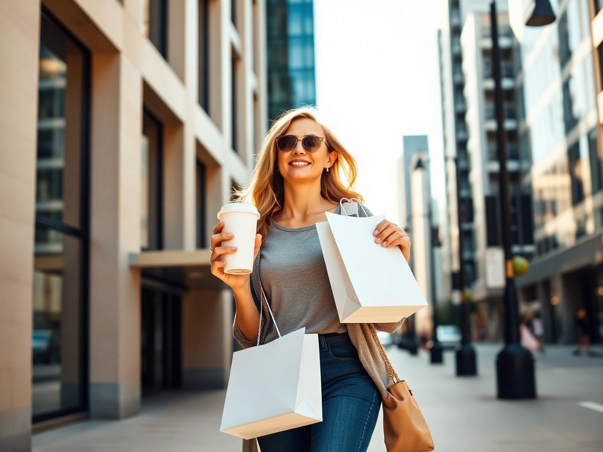 Guest walking through the city with coffee and a takeaway bag