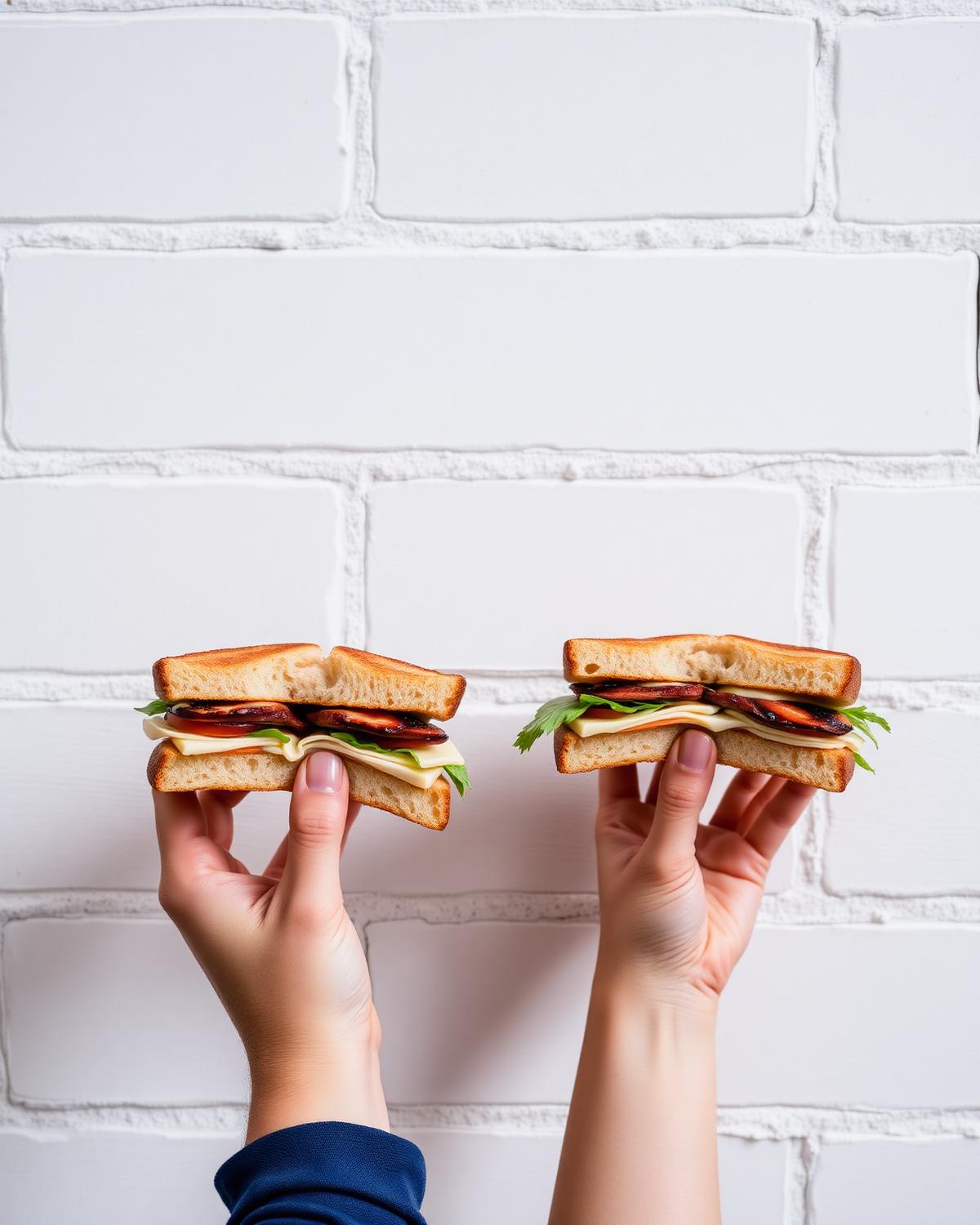 Two hands holding toasted club sandwiches against a white wall