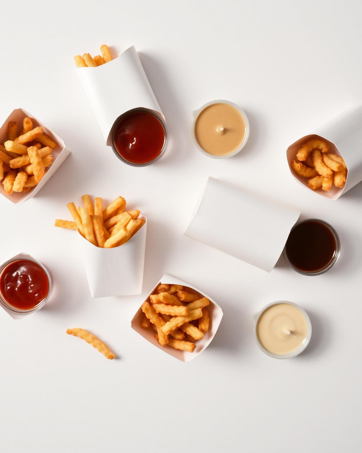 Curly fries and hash browns with dipping sauces