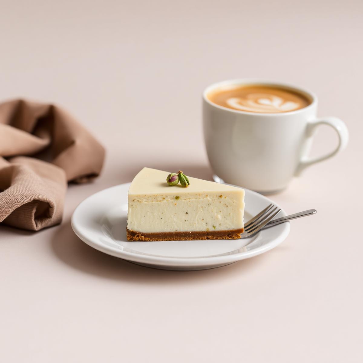 Pistachio cheesecake slice served with a cappuccino