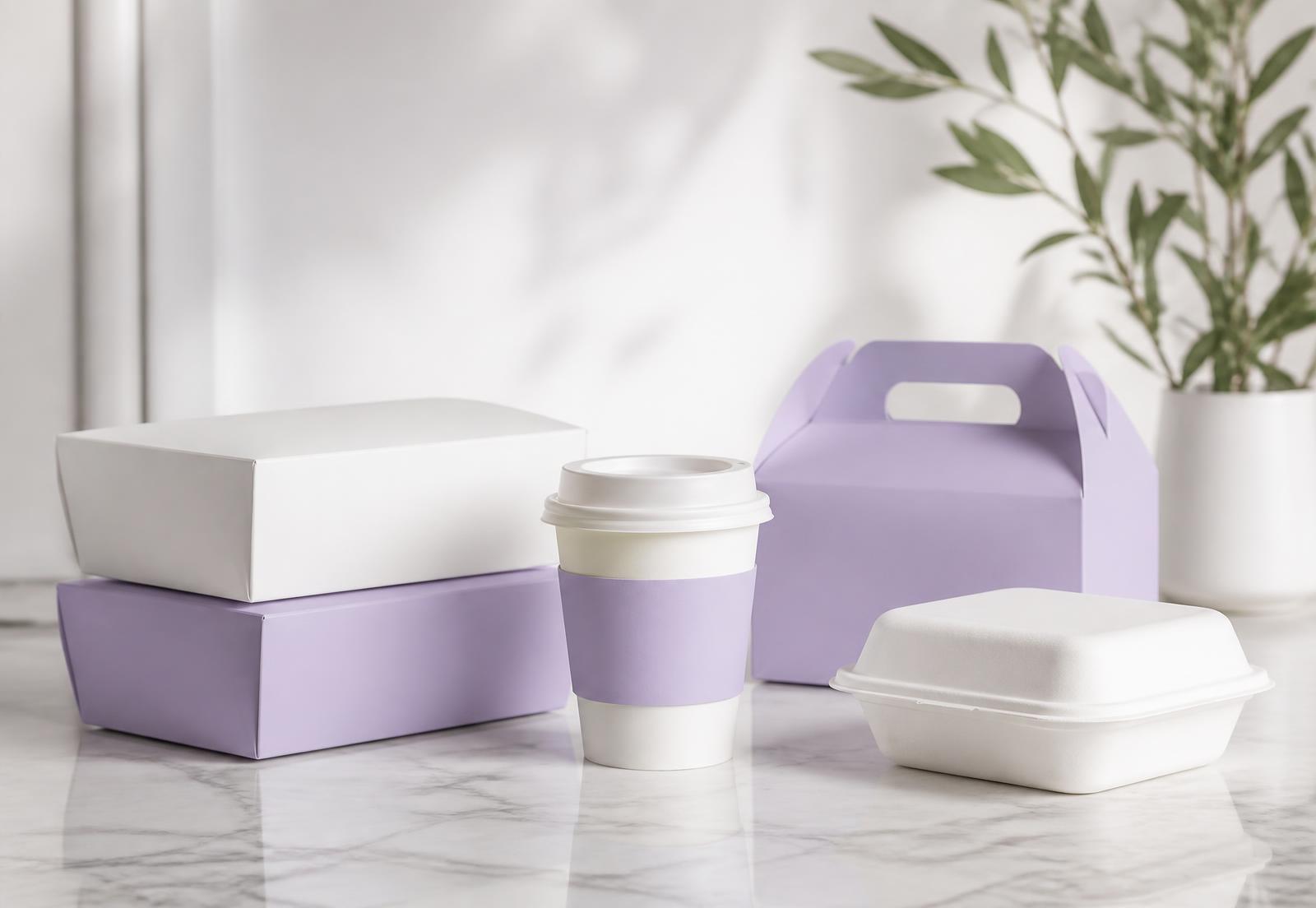 White and lavender LIVE LIFE takeaway boxes and a coffee cup on marble