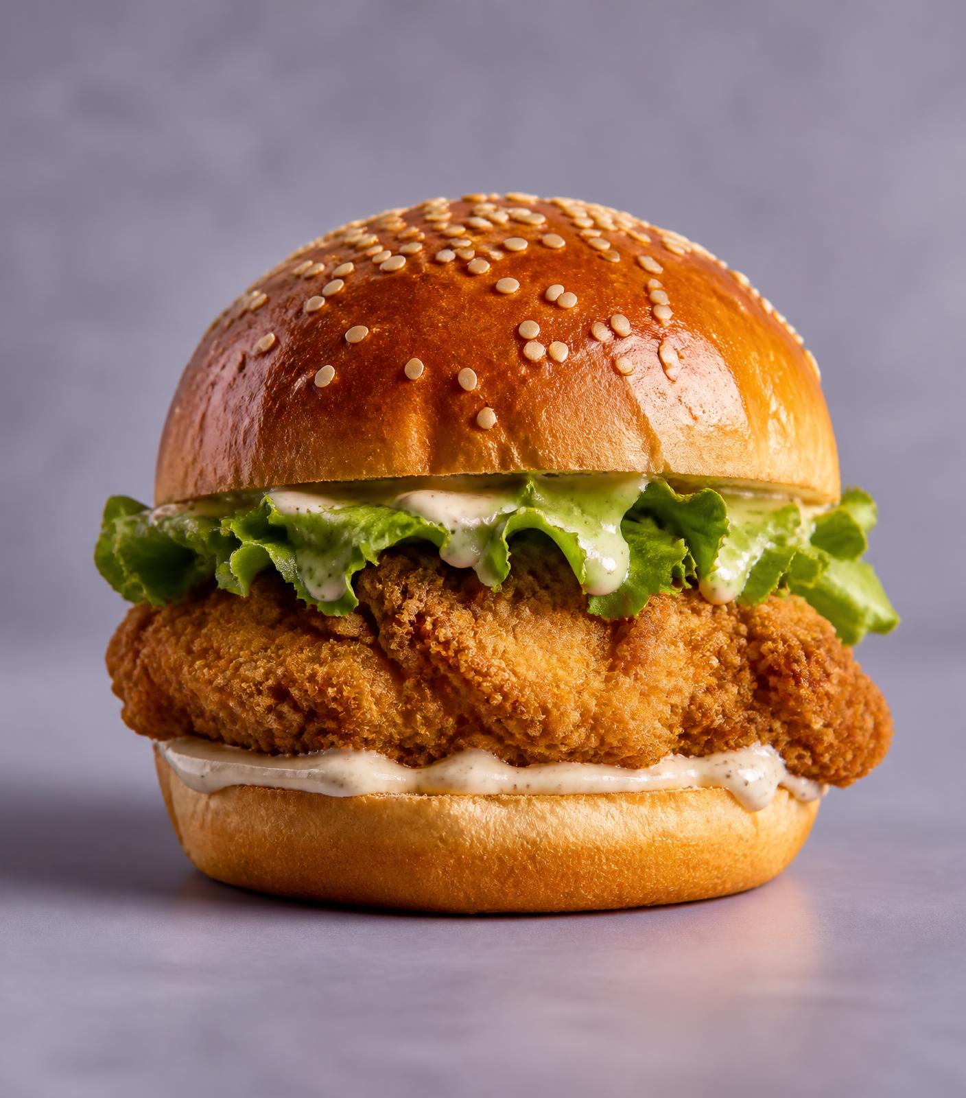 Crispy chicken burger with lettuce and creamy sauce