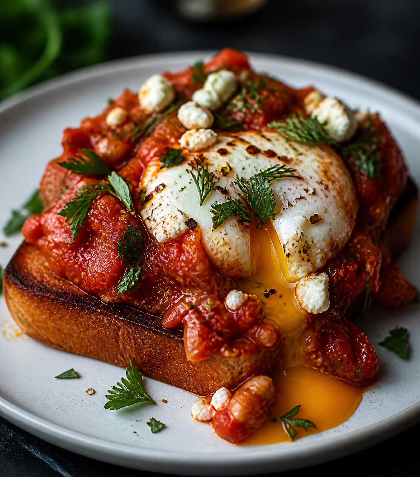 Shakshuka spooned over thick toasted brioche on a white plate